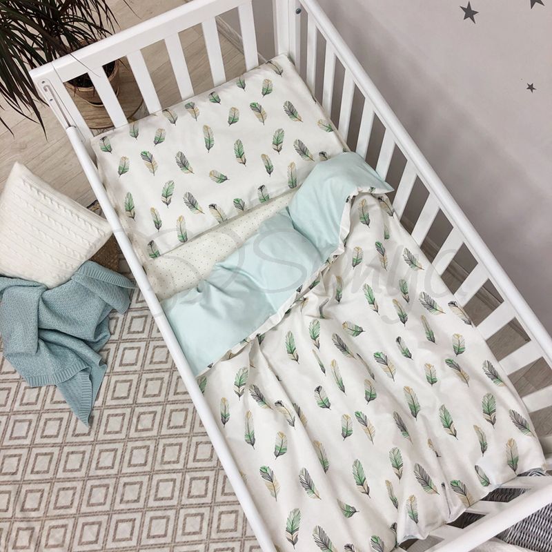 Сменный постельный комплект в кроватку для новорожденных Перо мята фото, цена, описание