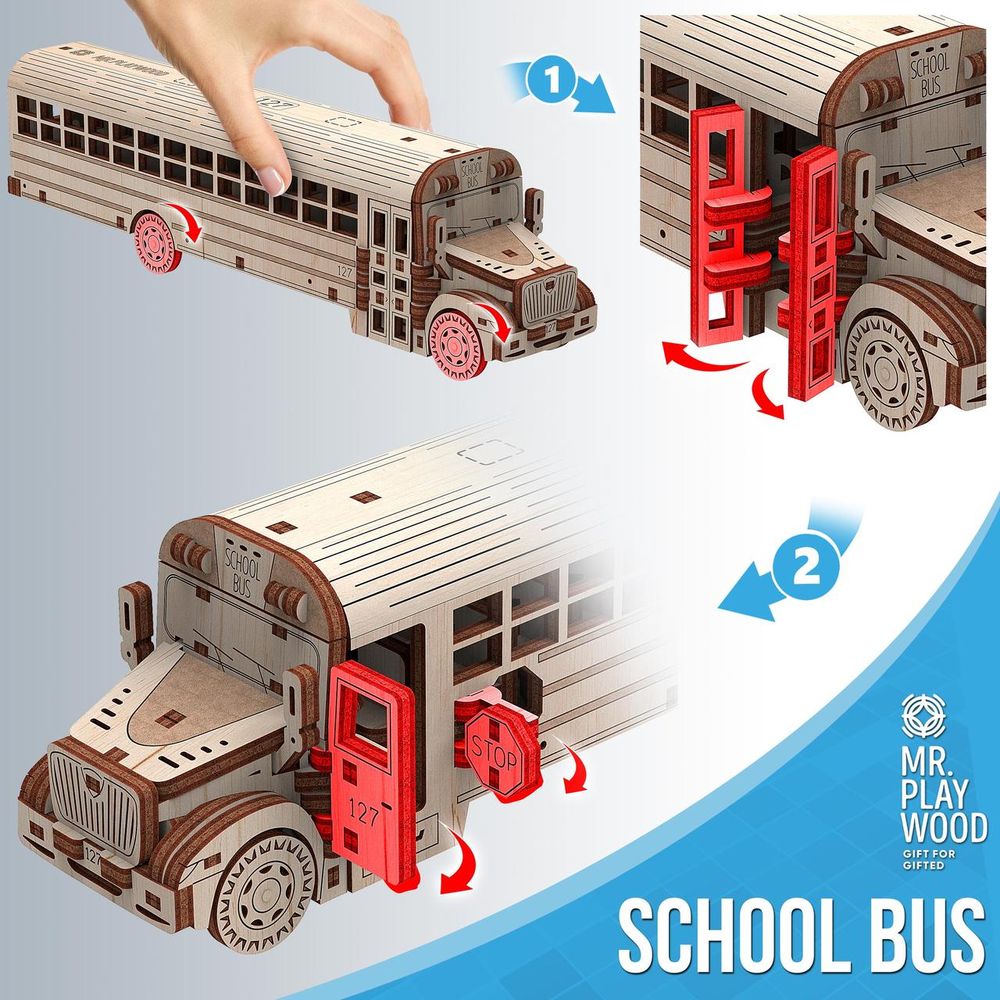 Фото, купить Шкільний автобус механічна дерев'яна 3D-модель, цена 360 грн