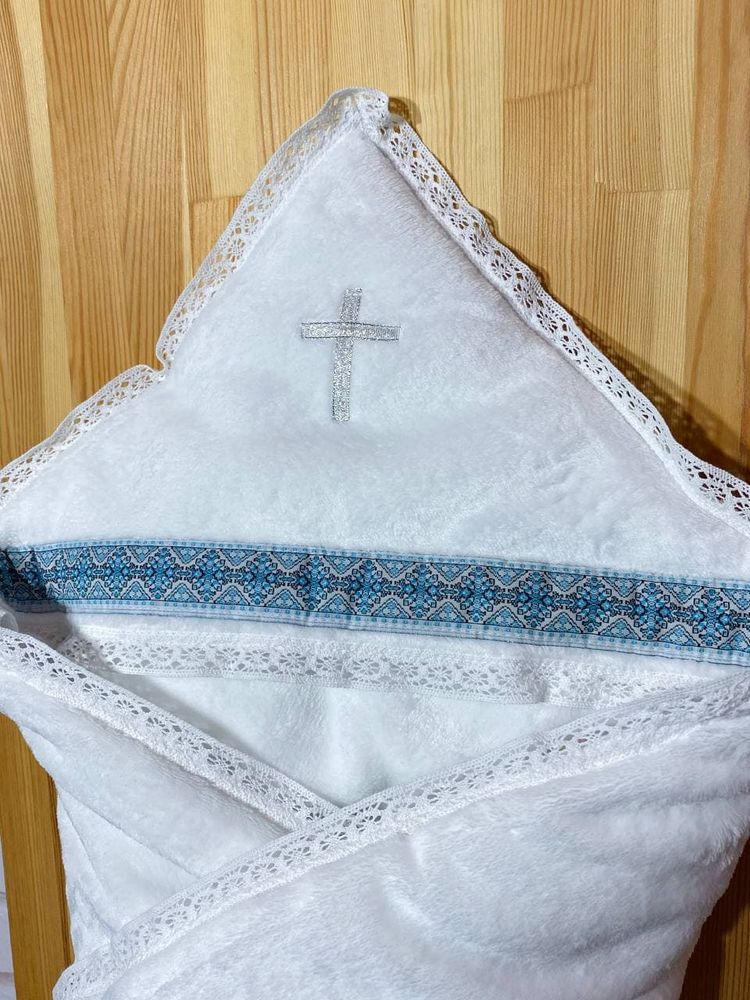 Крыжма на крещение мальчику Крестик + орнамент голубой теплая махра