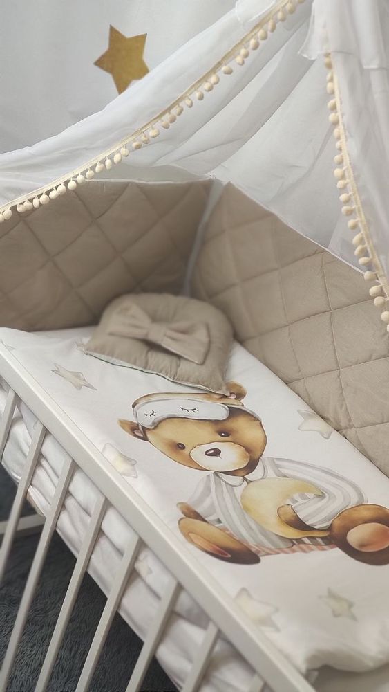 Детский постельный комплект в кроватку с бортиками Соня, с балдахином