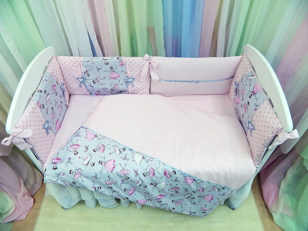 Спальный комплект в кроватку ЭКОЛИНИЯ 6 подушечек Балерины + серый + розовые звезды, без балдахина