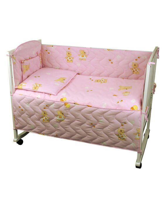 Набор в кроватку МИШКА С ШАРИКОМ розовый (защита + постель), бортики без постели
