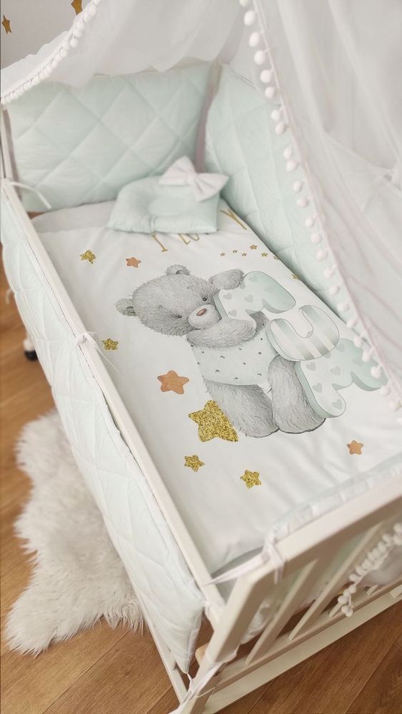 Детский постельный комплект в кроватку с бортиками Teddy, с балдахином