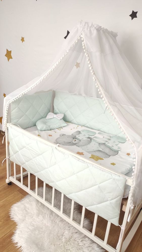 Детский постельный комплект в кроватку с бортиками Teddy, с балдахином