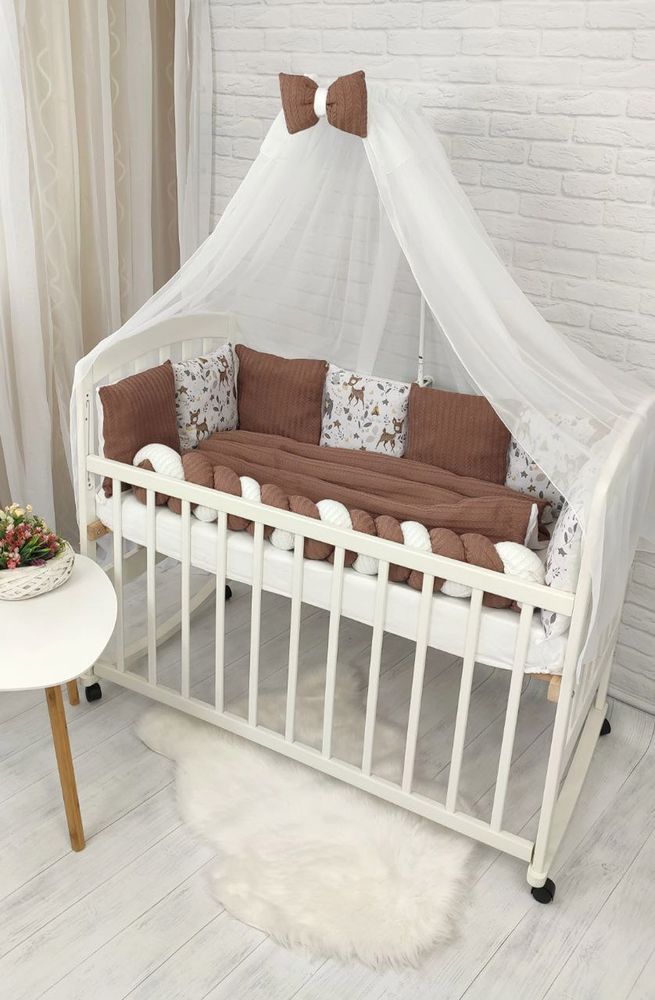 Спальный комплект в кроватку для новорожденных с балдахином и бортиками Вязка Пике DEER