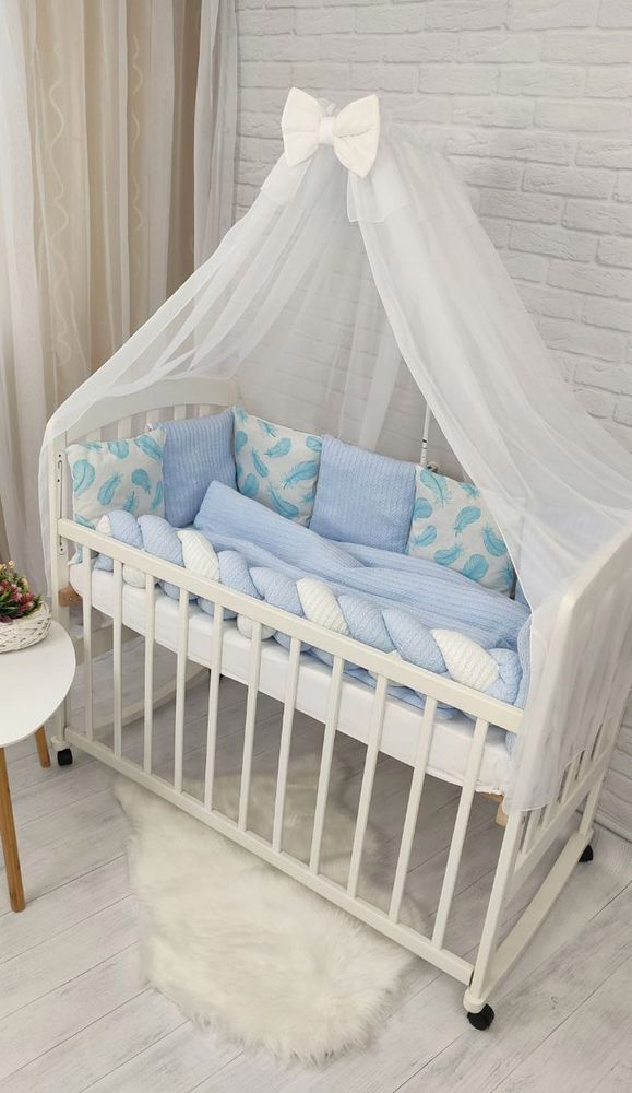 Спальный комплект в кроватку для новорожденных с балдахином и бортиками Вязка Пике Перешко