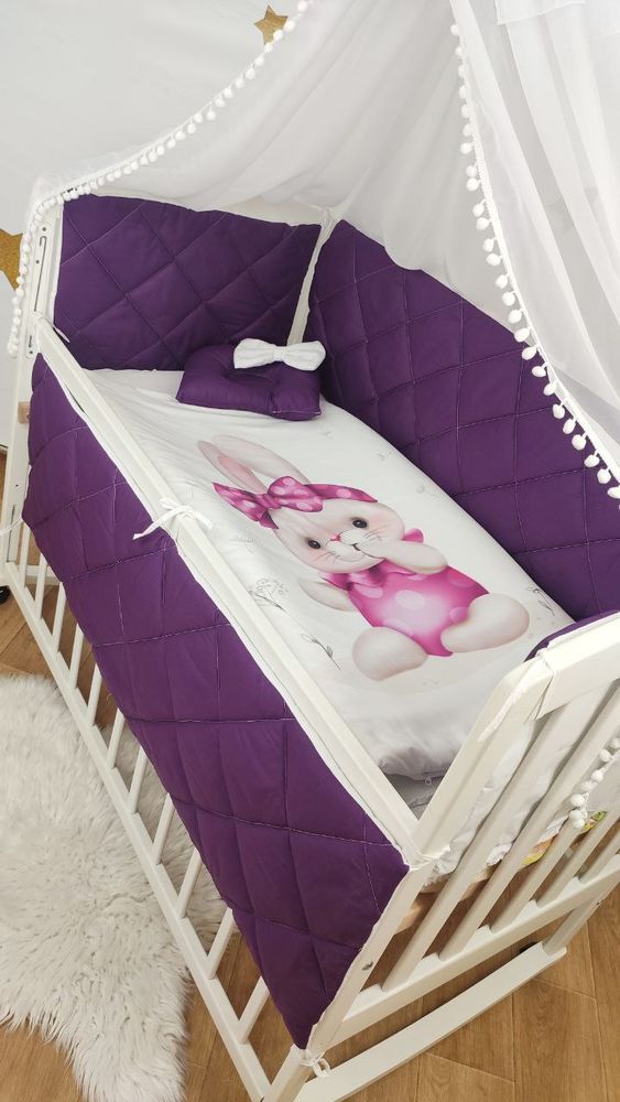 Детский постельный комплект в кроватку с бортиками Бантик, с балдахином