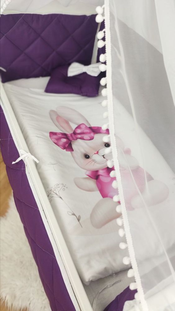 Детский постельный комплект в кроватку с бортиками Бантик, с балдахином