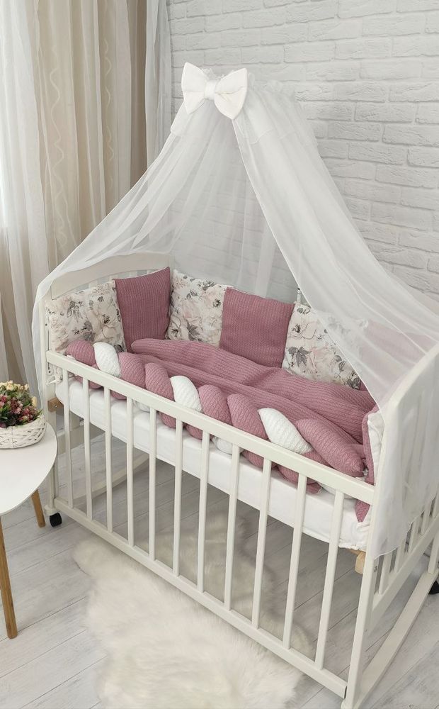 Спальний комплект в ліжечко для новонароджених з балдахіном та бортиками В'язка Піке Пташки