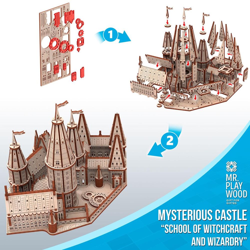 Фото, купить Таємничий замок "Школа чаклунства" конструктор механічний дерев'яний 3D, цена 980 грн