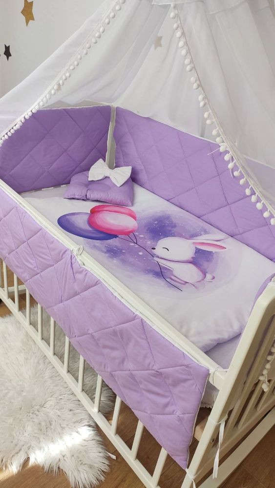Детский постельный комплект в кроватку с бортиками Шарик, с балдахином