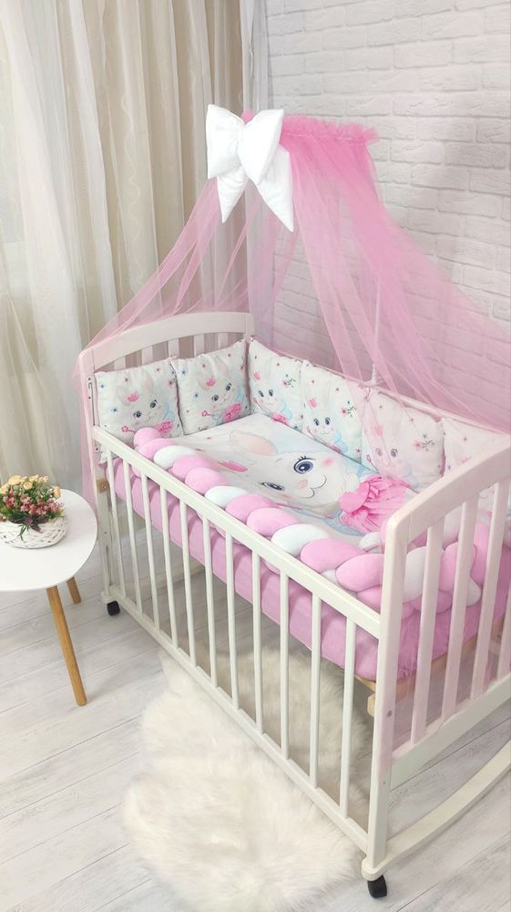 Детский постельный комплект в кроватку для новорожденных с балдахином Pink Bunny