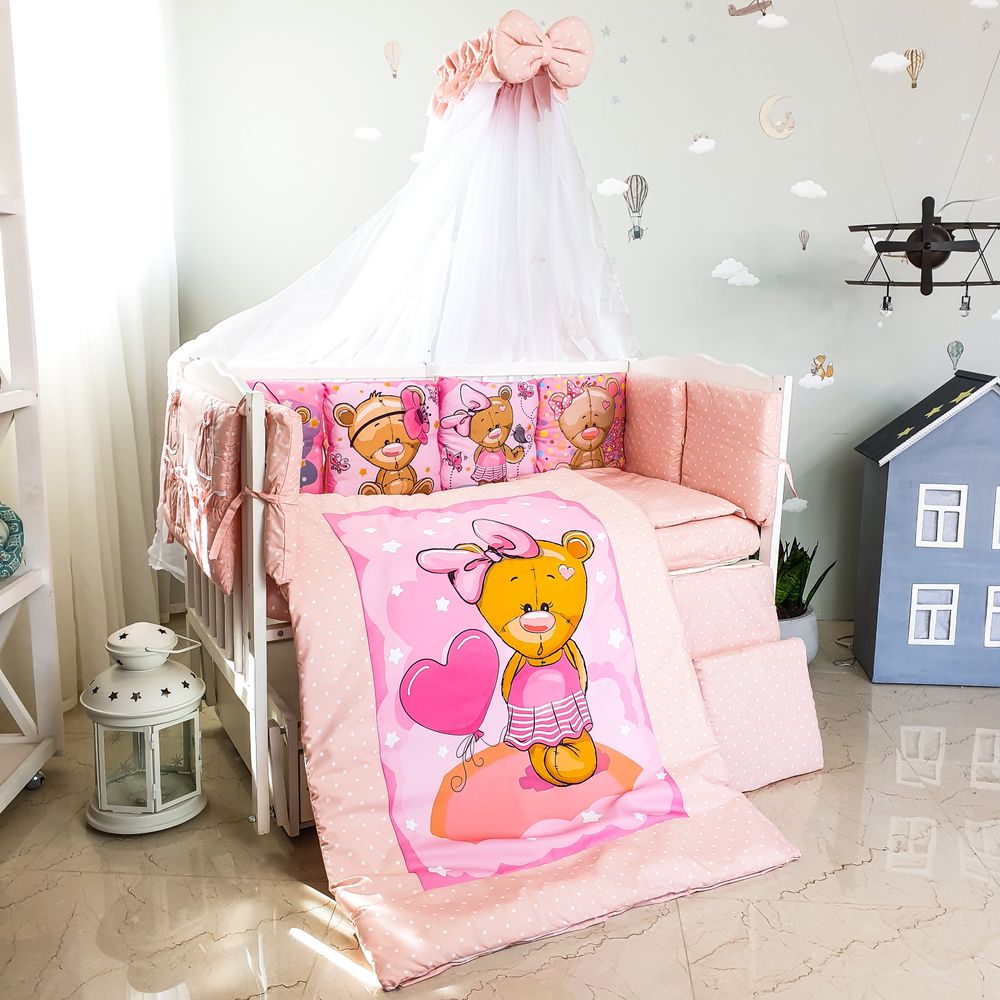 Постельный комплект в кроватку Мишутка Девочка розовая пудра, с балдахином
