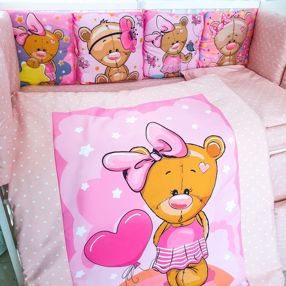 Постельный комплект в кроватку Мишутка Девочка розовая пудра, с балдахином