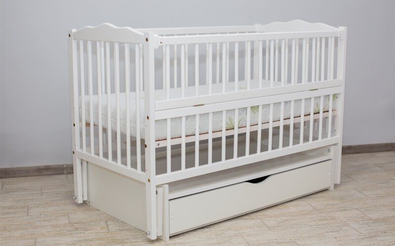 Кроватка для новорожденного с маятником и ящиком белая, Белый