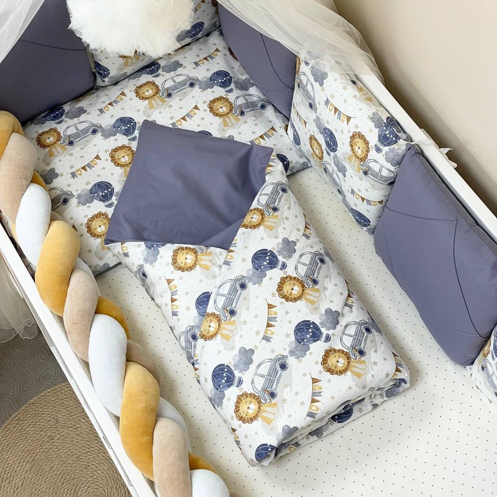 Комплект в кроватку с бортиками и бортиками косой Lion cub Blue, с балдахином