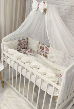 Постельное белье в кроватку для новорожденного с бортиками и балдахином + коса Бемби