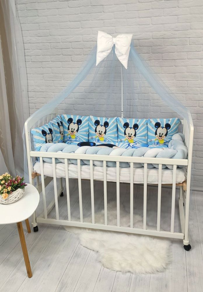 Детский постельный комплект в кроватку для новорожденных с балдахином Мики