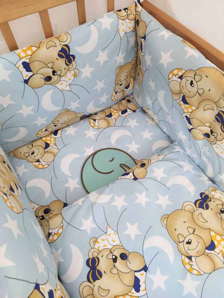 Комплект в ліжечко для немовлят Ведмедики Сплять блакитний, без балдахіна