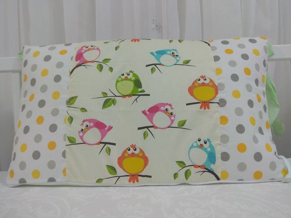 Бортики в кроватку + постельное Веселые Ꙭ Птички 6 подушечек, без балдахина