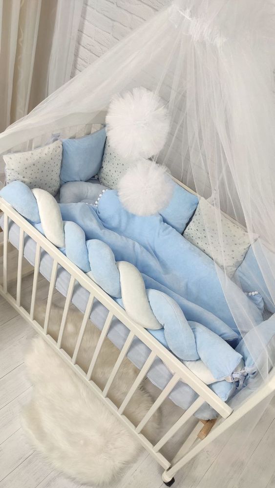 Комплект в кроватку новорожденным с балдахином Жемчужина голубой, с балдахином