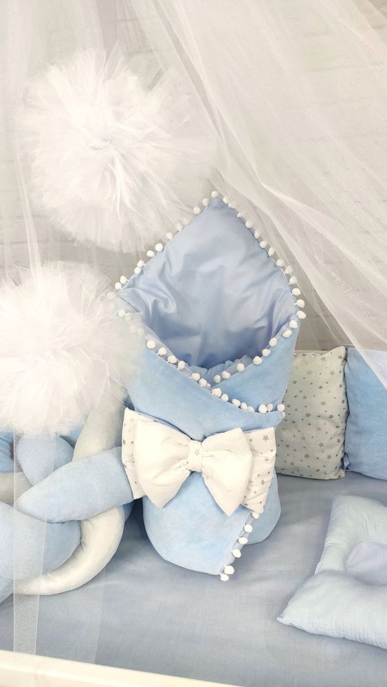 Дитячий комплект постільгої білизни в ліжечко для новонароджених з балдахіном Перлина блакитний