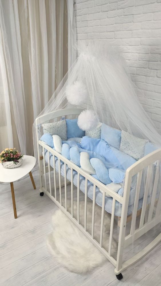 Комплект в ліжечко новонародженим з балдахіном Перлина блакитна, с балдахіном