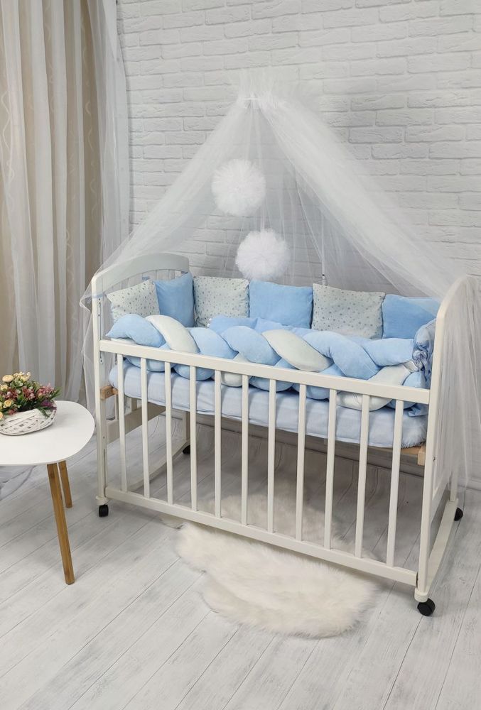 Комплект в ліжечко новонародженим з балдахіном Перлина блакитна, с балдахіном