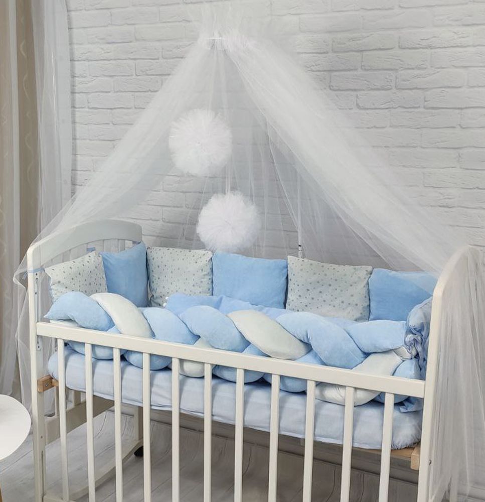 Детский комплект постельного белья в кроватку для новорожденных с балдахином Жемчужина голубой
