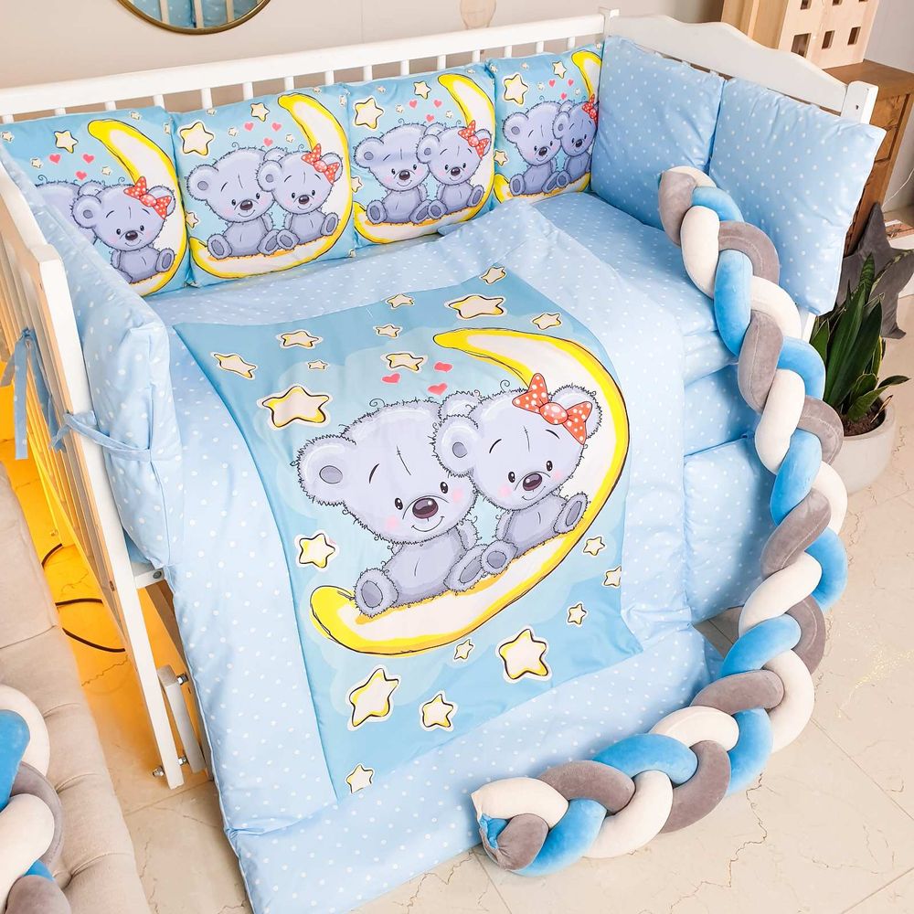 Постель для новорожденных Мишки на месяце в кроватку с бортиками КОСА + ПОДУШКИ, без балдахина