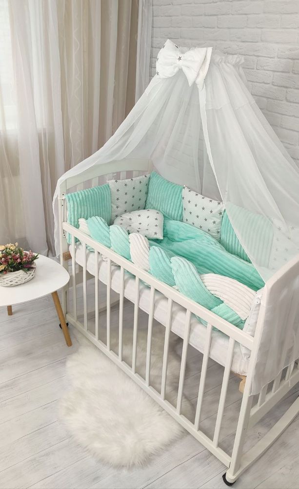 Постельное белье в кроватку для новорожденного с бортиками и балдахином + коса мята