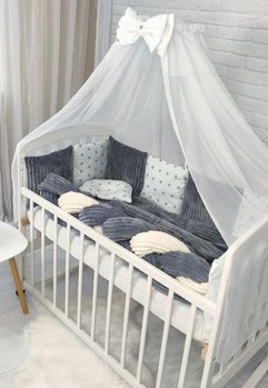 Постельное белье в кроватку для новорожденного с бортиками и балдахином + коса серый