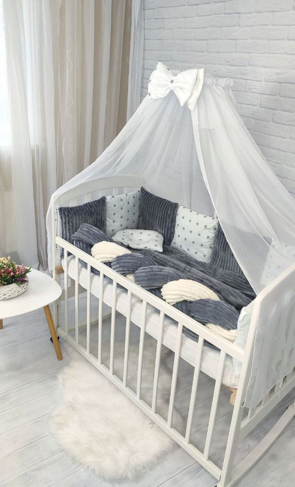 Постільна білизна в ліжечко для новонародженого з бортиками та балдахіном + коса сірий