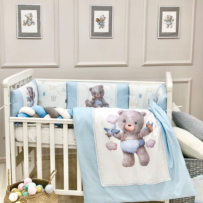 Комплект дитячого ліжечка з бортиками Ведмедик блакитний, без балдахіна