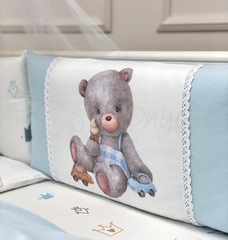 Комплект дитячого ліжечка з бортиками Ведмедик блакитний, без балдахіна