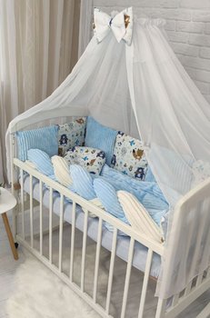 Постельное белье в кроватку для новорожденного с бортиками и балдахином + коса голубой