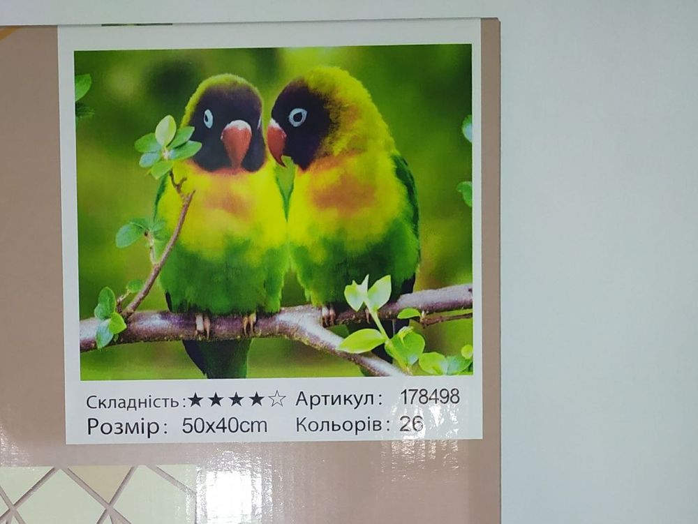 Картина стразами за номерами на підрамнику два папуги на гілки