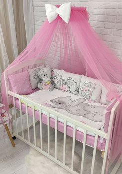 Постельное белье в кроватку для новорожденного с бортиками и балдахином Teddy розовый