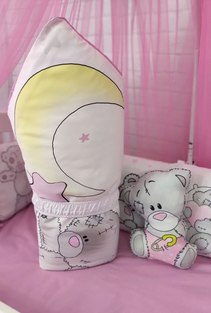 Детское постельное для новорожденных Teddy розовый, с балдахином