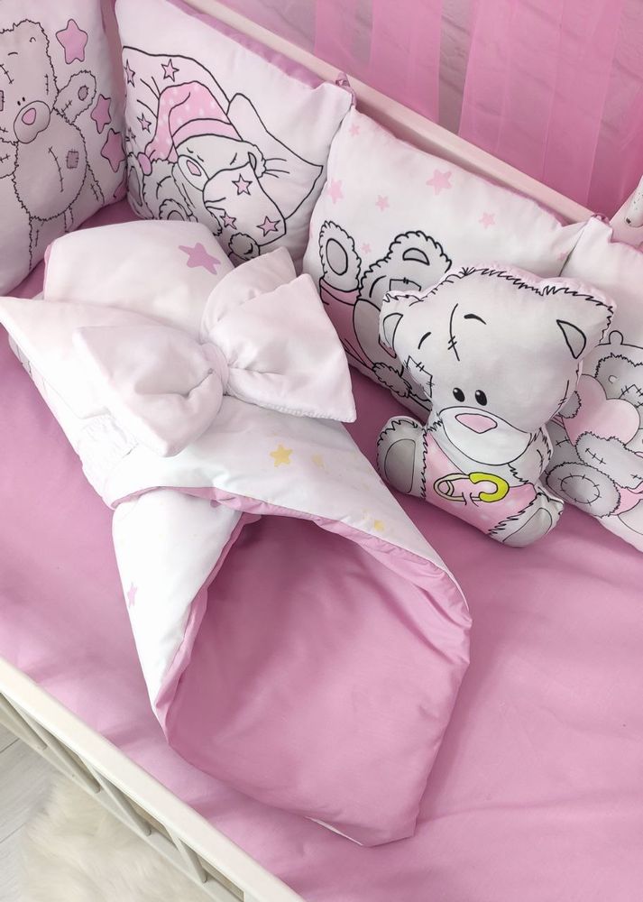 Постільна білизна в ліжечко для новонародженого з бортиками та балдахіном Teddy рожевий