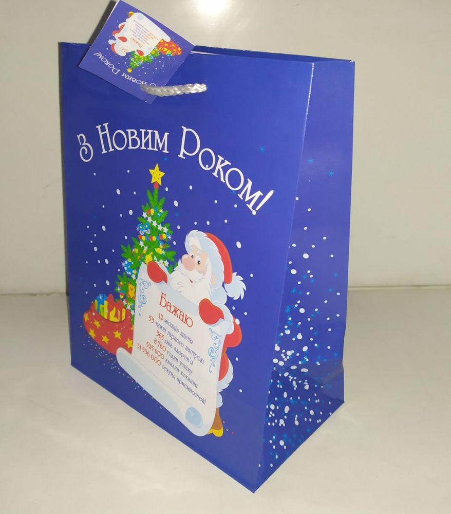 Кольоровий новорічний паперовий пакет із ручками 23х18х10 Побажання
