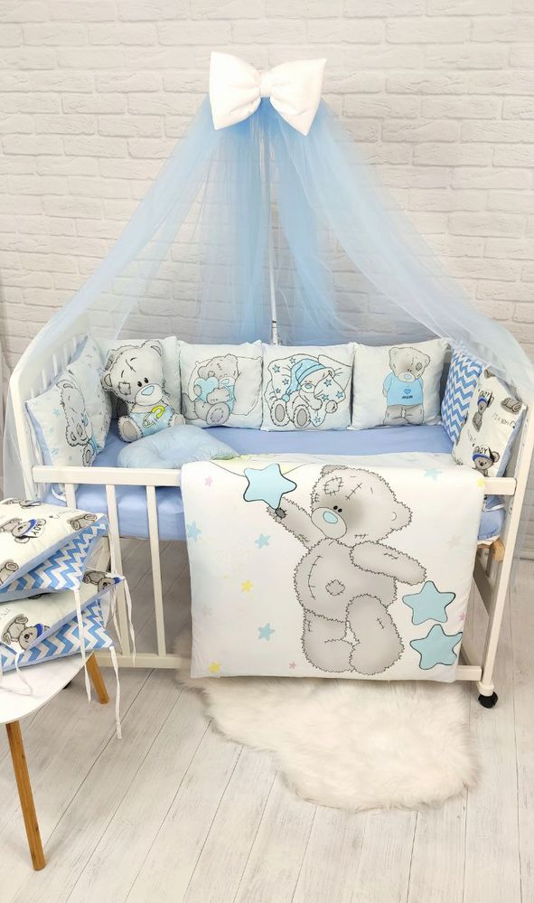 Детское постельное для новорожденных Teddy голубой, с балдахином