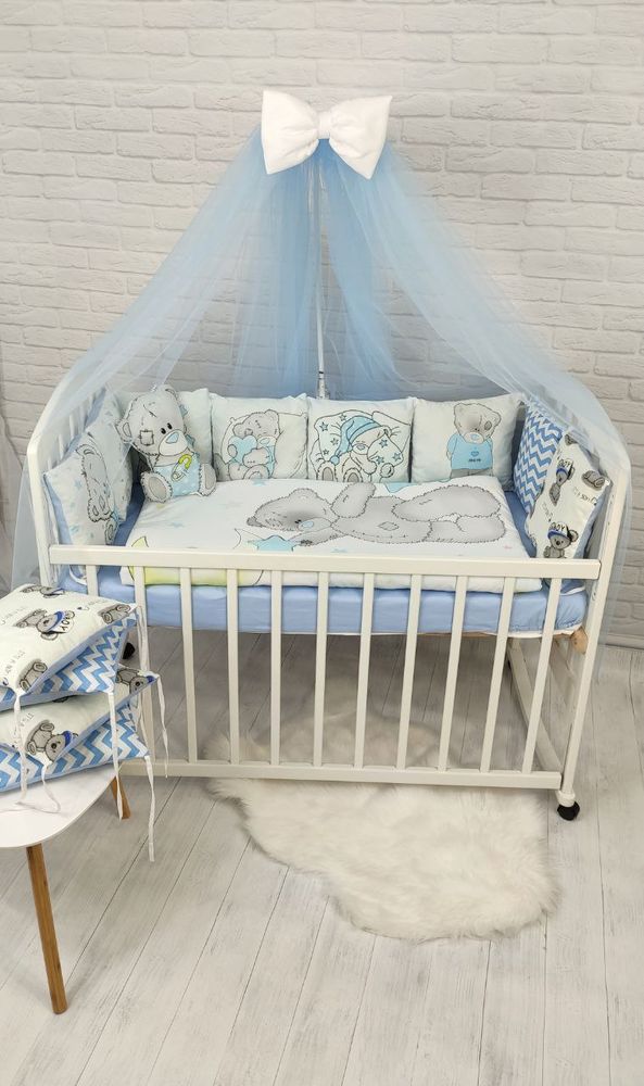 Постельное белье в кроватку для новорожденного с бортиками и балдахином Teddy голубой