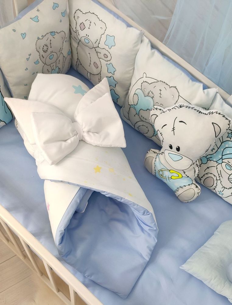 Детское постельное для новорожденных Teddy голубой, с балдахином