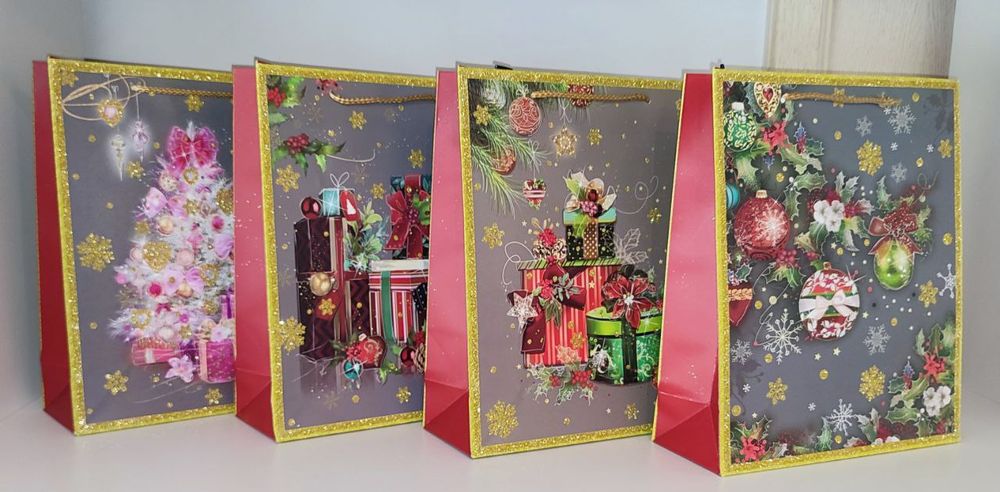 Картонний новорічний подарунковий пакет 43х32х12 см з Гліттером, Великі, Новорічний