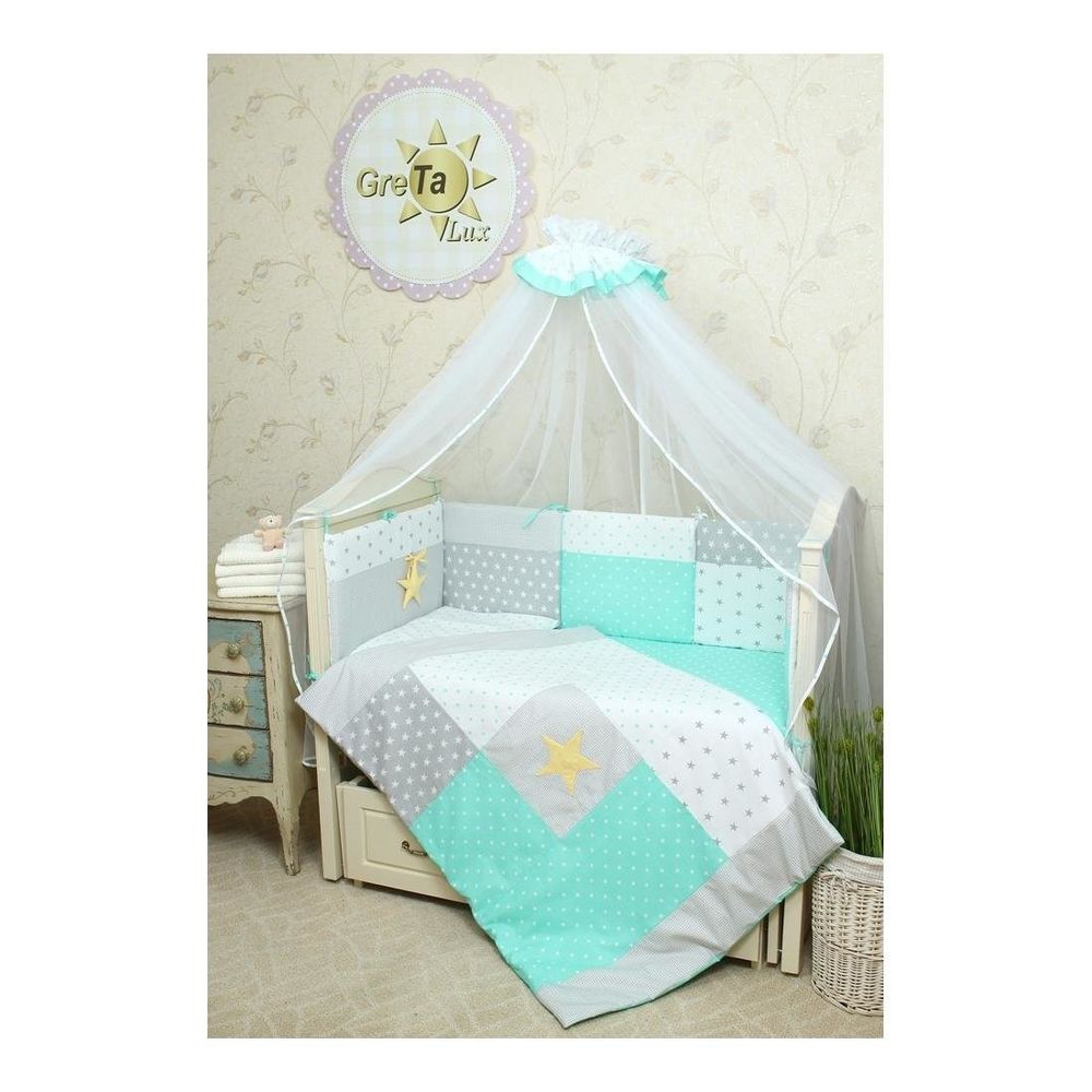 Двухсторонний комплект постельного белья для новорожденных Звездное сияние 8 подушек, без балдахина