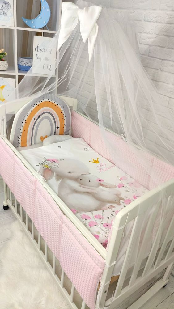 Комплект в детскую кроватку с балдахином Зайка розовый, с балдахином