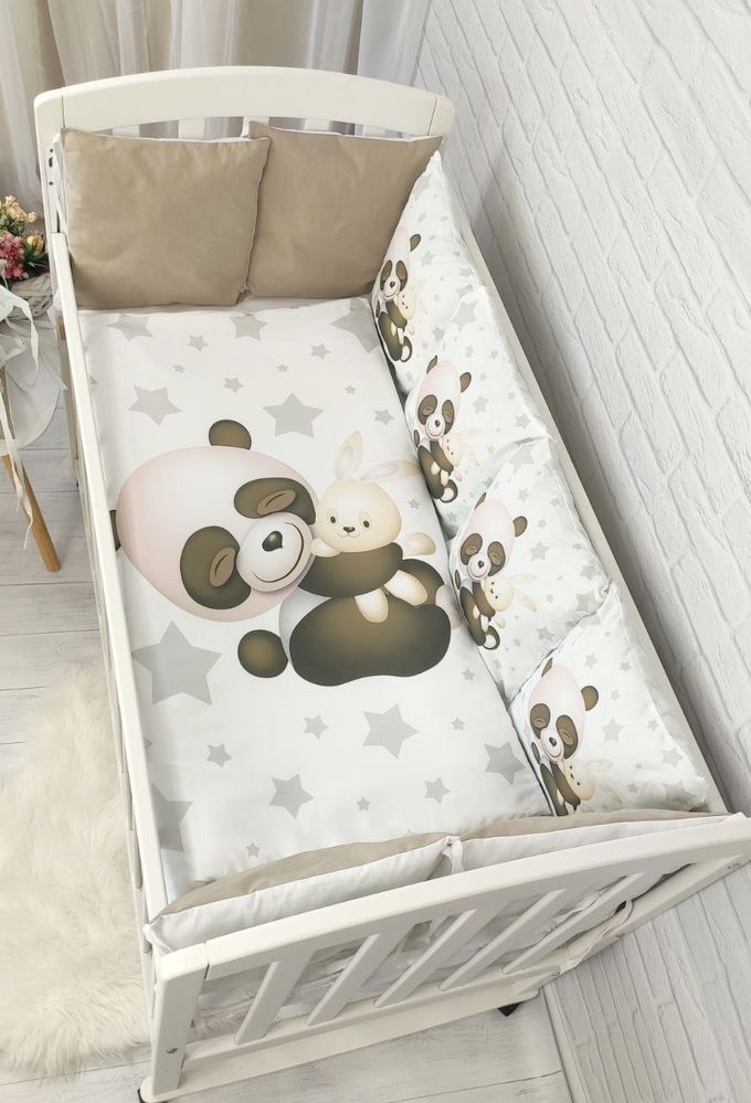 Детский постельный комплект в кроватку для новорожденного с бортиками Пандочка