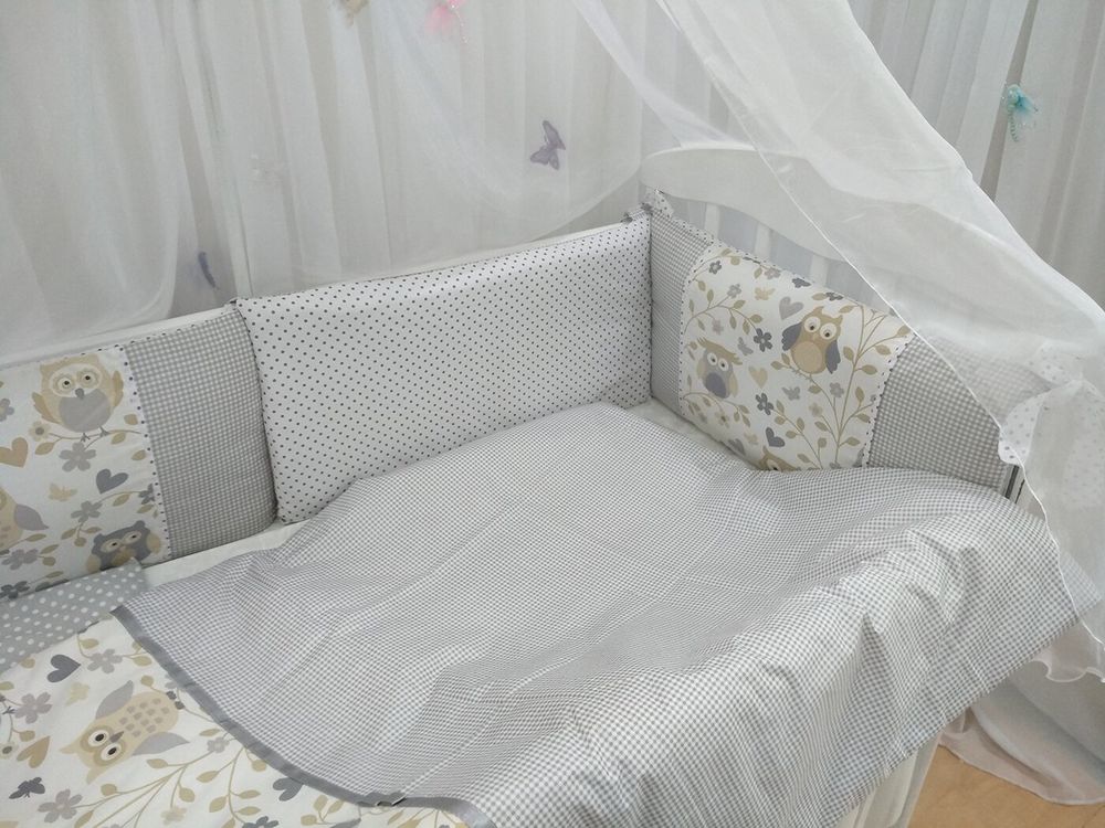 Постельный набор в кроватку клеточка + Совушки 6 защитных подушечек, без балдахина