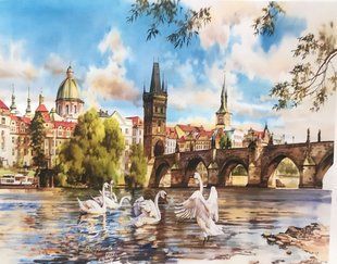 Велика картина стразами за номерами на підрамнику Лебеді та Старе Місто